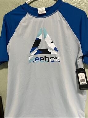 Reebok Men's Light Gray and Royal Blue Raglan Logo Tee